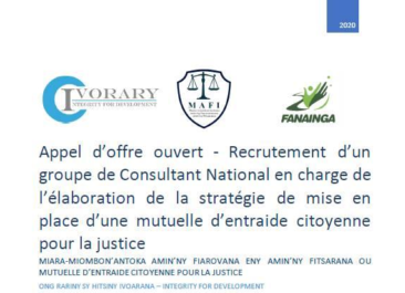 Appel d’offre ouvert – Recrutement d’un groupe de Consultant National en charge de l’élaboration de la stratégie de mise en place d’une mutuelle d’entraide citoyenne pour la justice