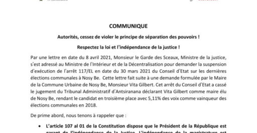 COMMUNIQUE INDEPENDANCE DE LA JUSTICE