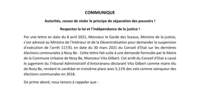 COMMUNIQUE INDEPENDANCE DE LA JUSTICE