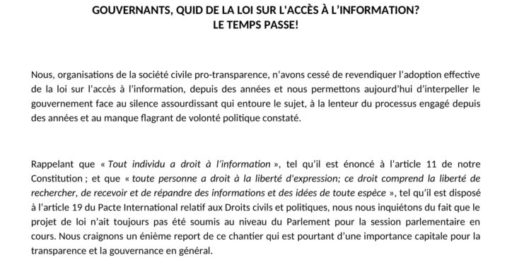 COMMUNIQUE DE PRESSE: Gouvernants, quid de la Loi sur l’accès à l’information?  Le temps passe!