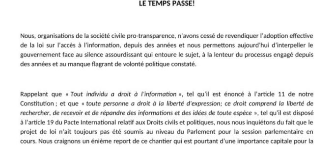 COMMUNIQUE DE PRESSE: Gouvernants, quid de la Loi sur l’accès à l’information?  Le temps passe!